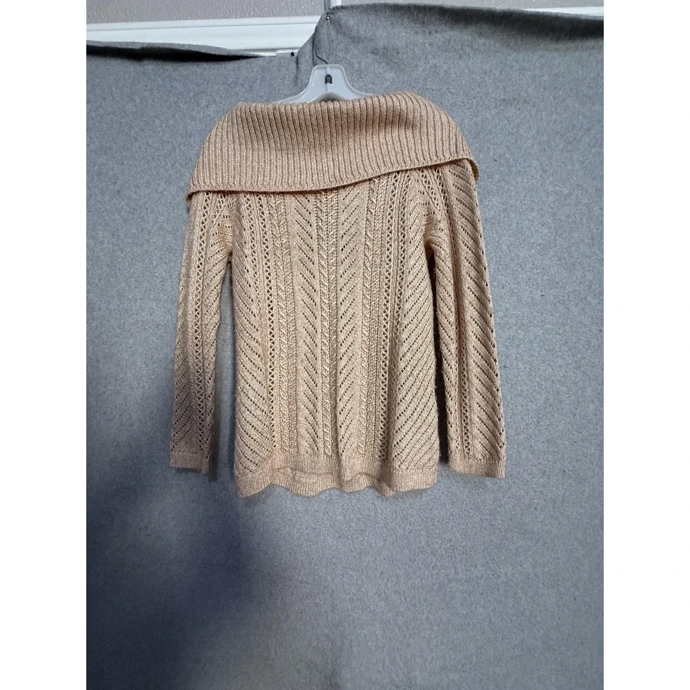 White House Black Market‎ Sweater Womens Medium Beige Cowl Neck Open Knit Bow